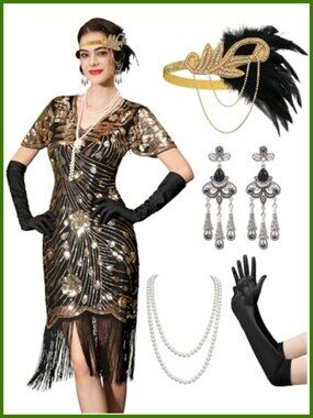 1920s Flapper Dress Fringe Sequin Gatsby Costume Set with Accessories
